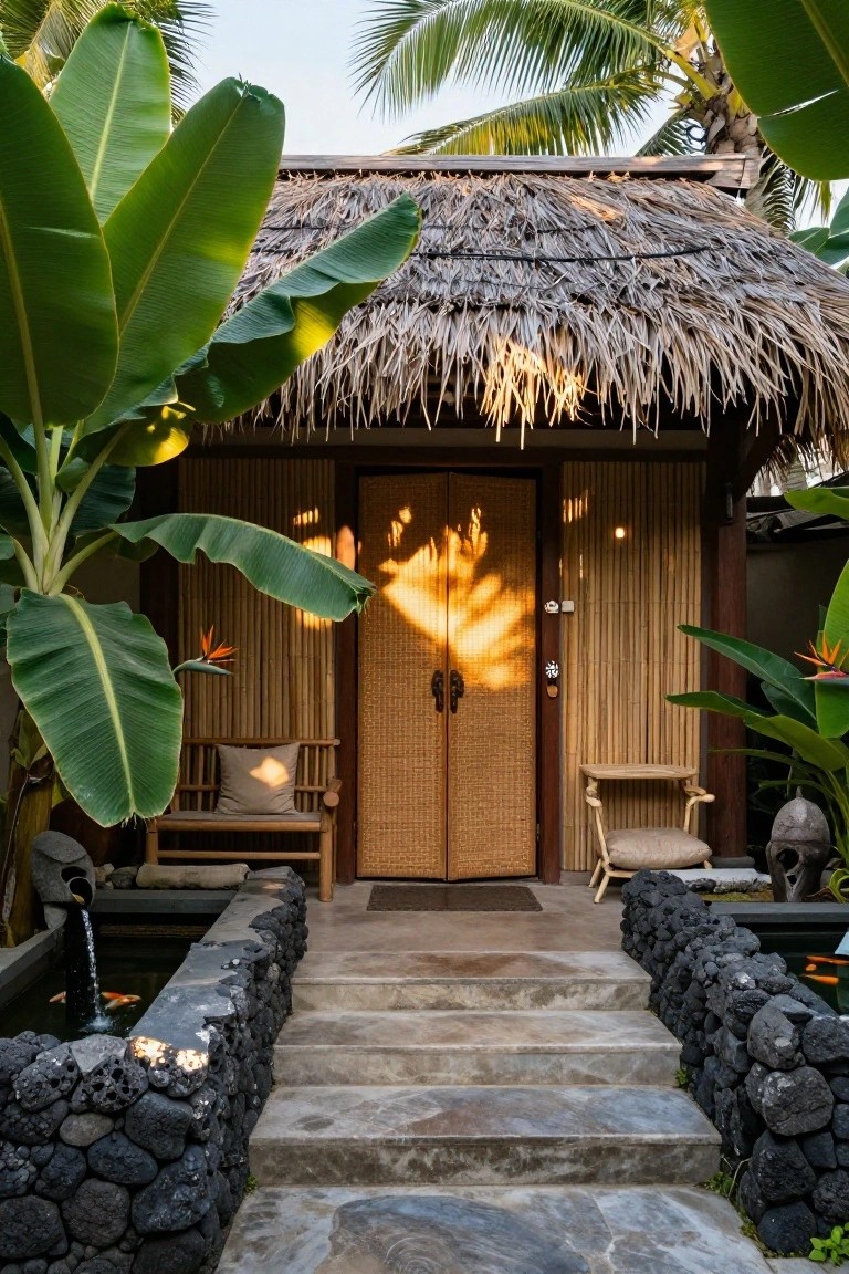 Wooden double doors on a bamboo-sided structure with thatched roof, approached by stone steps flanked by black lava rock walls and a koi pond, surrounded by banana plants and bird of paradise flowers.