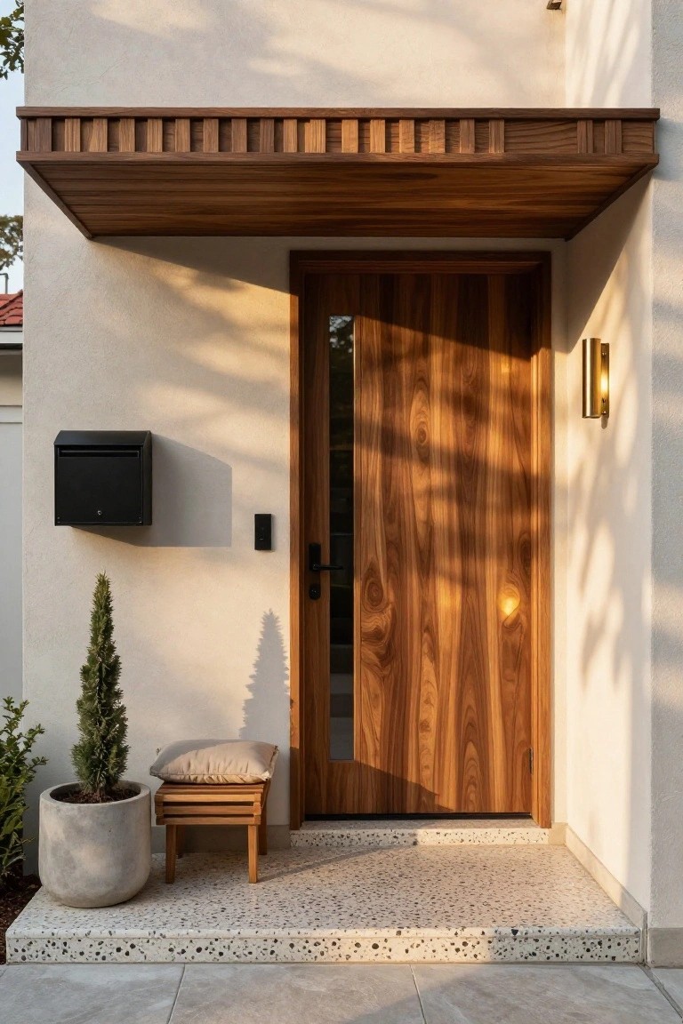 House entrance with light stucco wall, tall wooden door with vertical glass panel and brass handle, slatted wooden awning overhead, black mailbox, rectangular doorbell, gold wall sconce, potted conifer tree, beige cushion on wooden stool, and pebbled entry step.