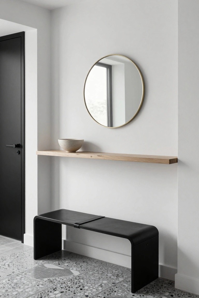 Modern entryway featuring a black curved bench with strap detail, floating oak shelf with ceramic bowl, round gold-framed mirror on white wall next to black door, and terrazzo tile floor.