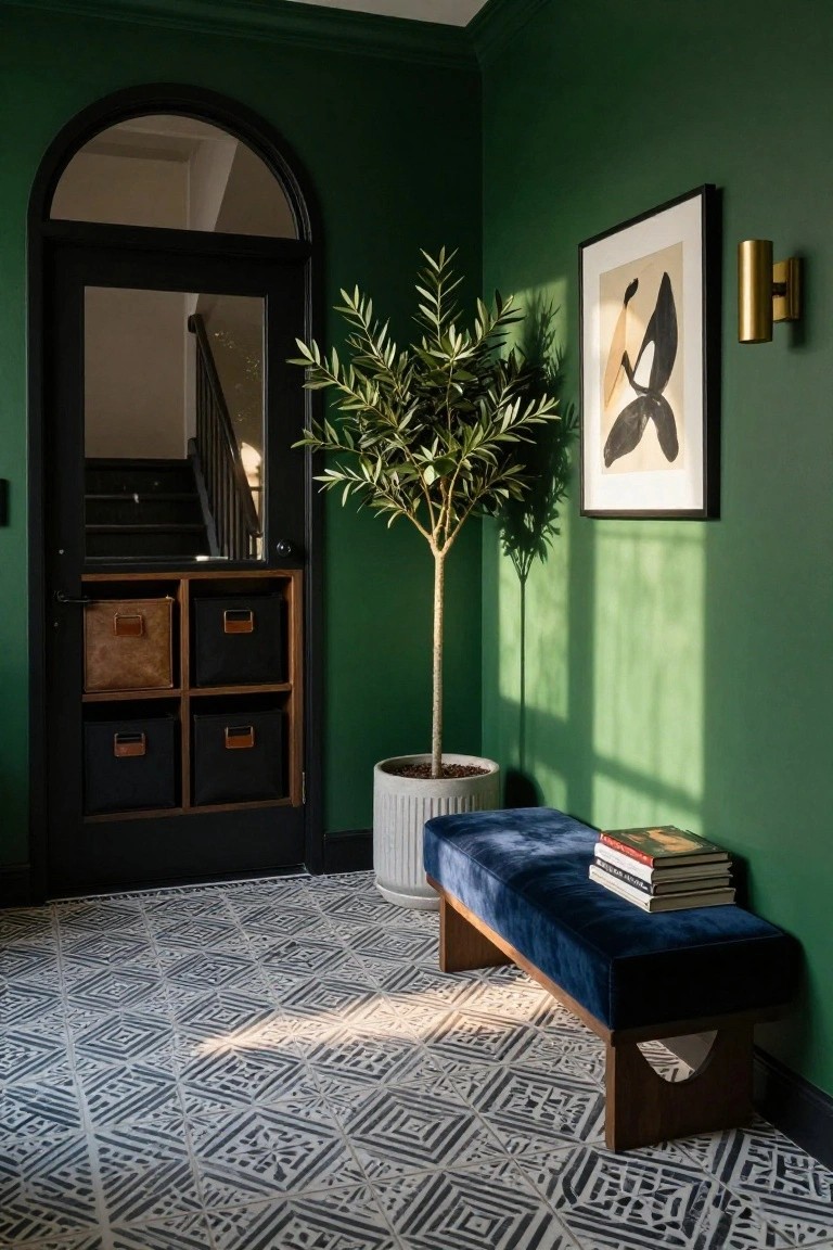 Green-walled interior entryway featuring a black arched door with built-in storage cubbies, tall potted olive tree, abstract wall art, brass wall light, blue velvet bench with stacked books, and geometric patterned tile floor with sunlight streaming in.