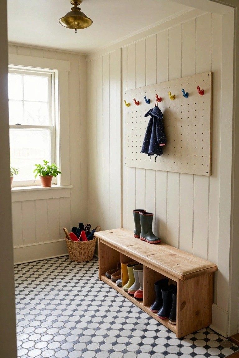 Bright entryway with pegboard hooks, wooden bench, boots, and checkered floor.