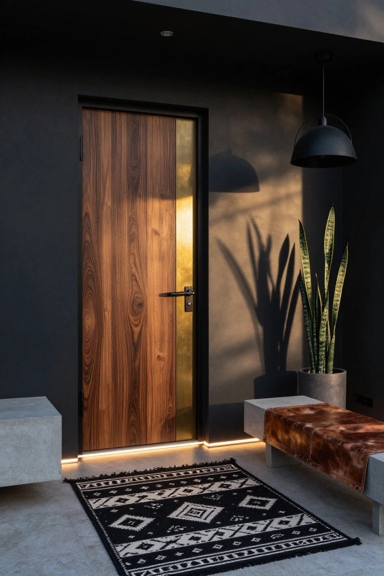 Modern home entrance with a vertical walnut wood door accented by a brass strip in a black frame, flanked by a snake plant in a gray pot, hanging black lamp, concrete steps and benches, brown leather bench, and black-and-white patterned rug on a concrete floor with LED strip lighting.