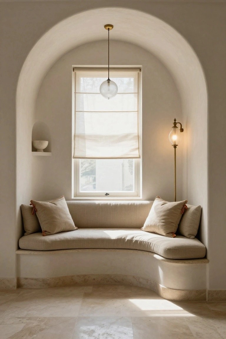 Curved built-in bench with beige cushions in a white arched alcove around a tall window with sheer shades, gold pendant light hanging above, wall sconce lamp lit nearby, marble bowl on a niche shelf, and light stone tile floor.