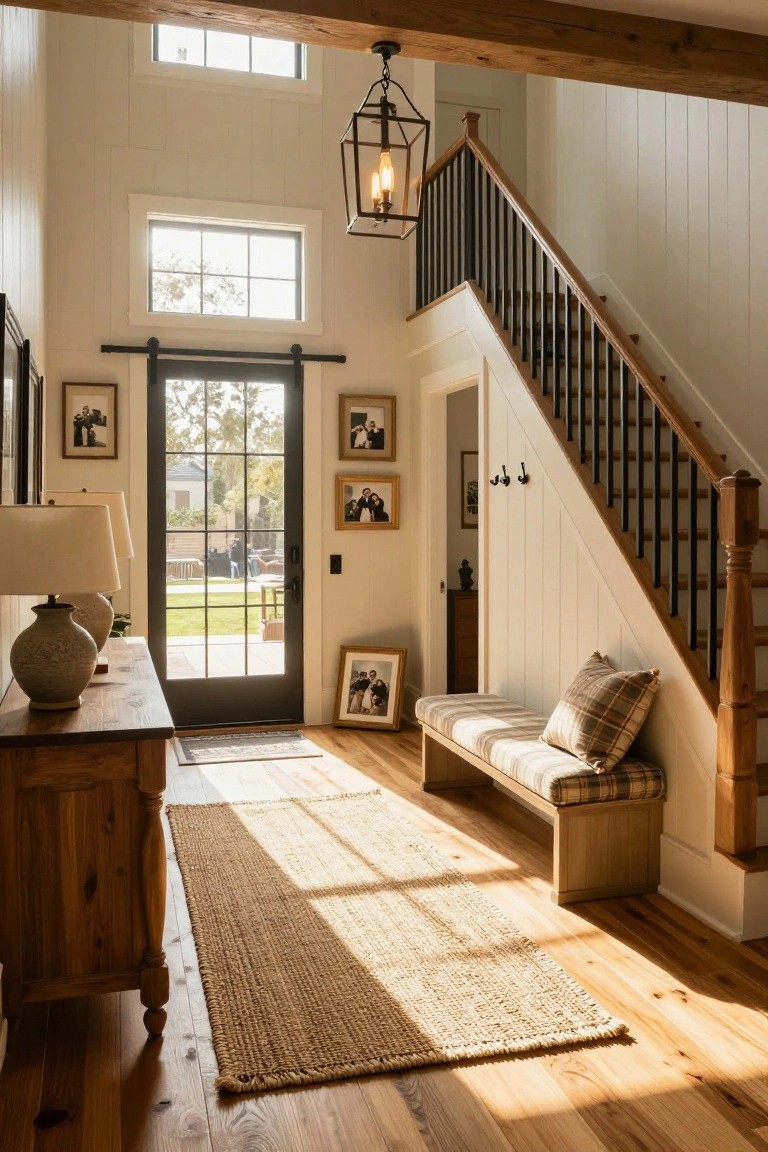 Bright entryway with wooden staircase, bench, rug, and black-framed door.