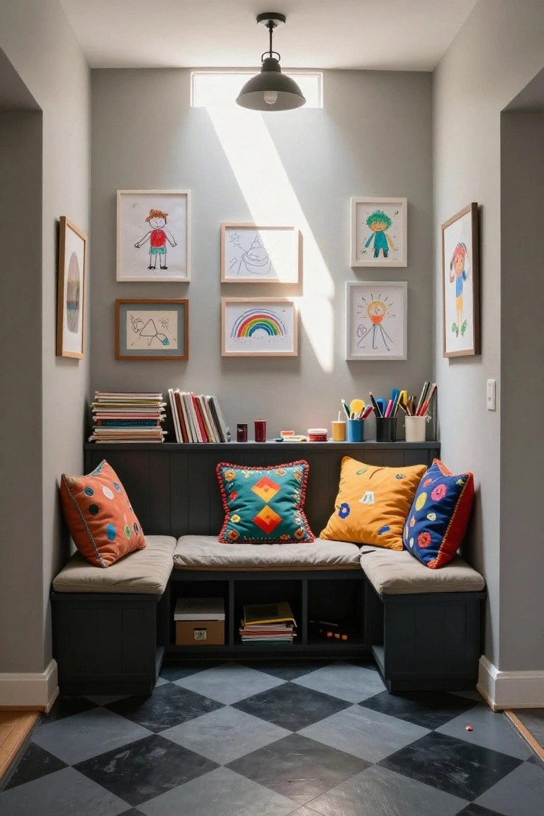 Built-in dark wood bench with beige cushions and colorful pillows in a light gray hallway alcove, surrounded by children's framed artwork, bookshelves, art supplies, and black-and-white checkered floor tiles.