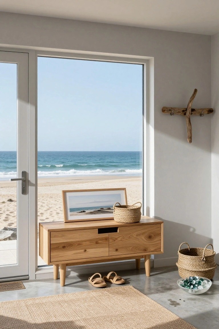 Light oak console table with two drawers and woven baskets on top, next to large glass sliding doors showing ocean waves and beach, with flip-flop sandals on concrete floor beside seagrass rug.