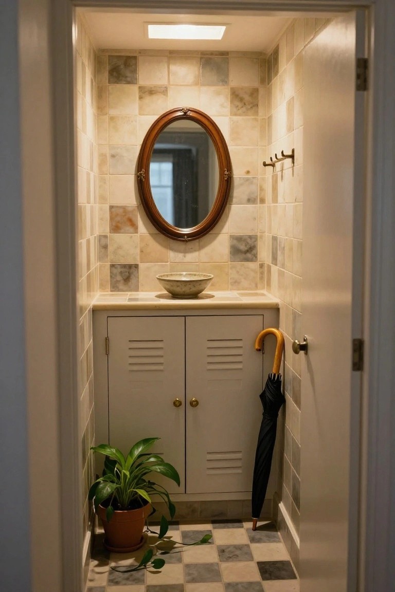 Compact bathroom viewed from open doorway with beige stone tile walls and floor in checkered pattern, oval wood-framed mirror above ceramic sink on cream cabinet with slatted doors, potted green plant, black umbrella leaning nearby.