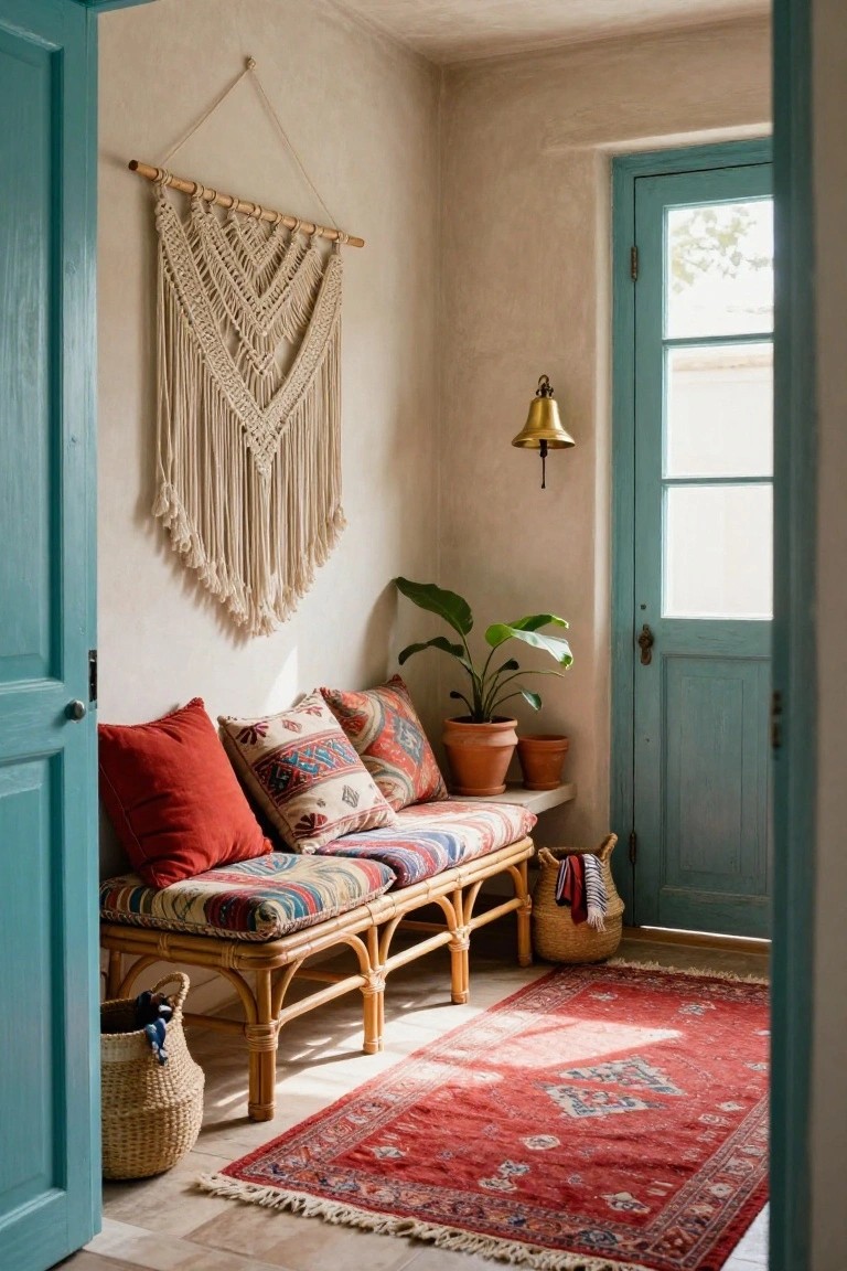 Small indoor corner with rattan bench covered in colorful patterned pillows, macrame wall hanging, potted plants on shelf, woven baskets, red rug on tile floor, and open turquoise door with brass bell.