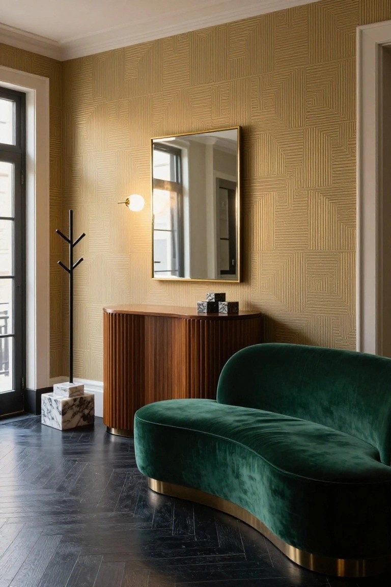Entryway with curved emerald green velvet sofa on black herringbone floor, curved wooden credenza with marble blocks, gold geometric wallpaper, gold-framed mirror, black coat rack, and window.