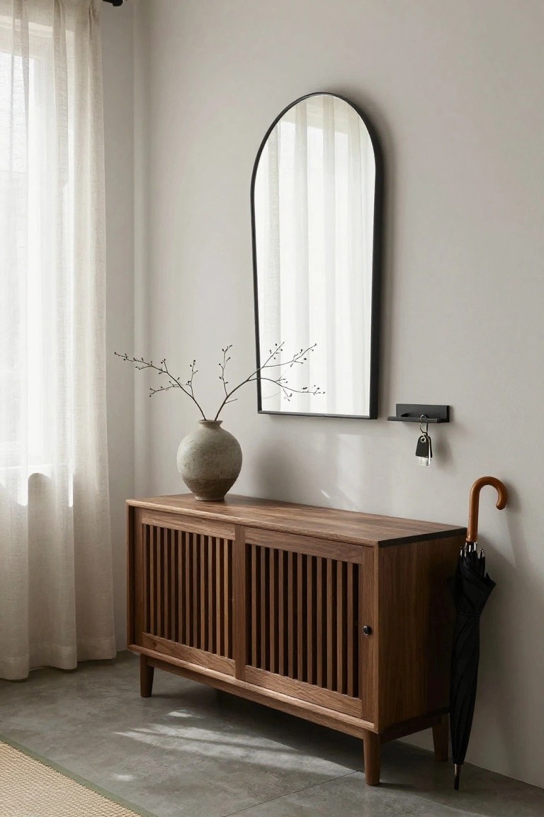 Tall arched black-framed mirror mounted on a light gray wall above a low slatted-door wooden console cabinet in an entryway, with a textured ceramic vase containing branches on the console top, wall key rack with keys, black umbrella leaning nearby, and sheer curtains on a window.