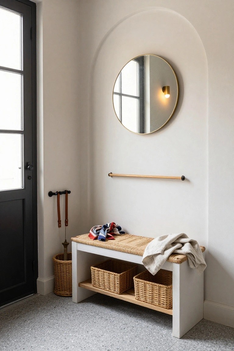 White bench with rattan seat and two woven baskets stored underneath in a light entryway beside a black door, with wall hooks, umbrella stand, round gold mirror, and wall sconce visible.