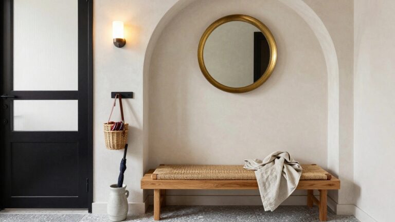 White bench with rattan seat and two woven baskets stored underneath in a light entryway beside a black door, with wall hooks, umbrella stand, round gold mirror, and wall sconce visible.