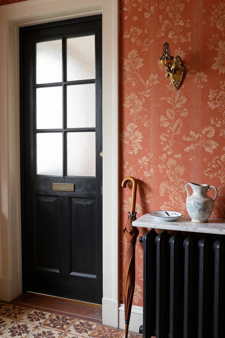 Close-up interior view of a traditional hallway entrance with a black wooden door featuring six frosted glass panels, ornate rust-colored floral wallpaper on the walls, a brass wall sconce, a wooden umbrella leaning against a black cast-iron radiator, a white vase and dish on a marble console table, and patterned tile floor.