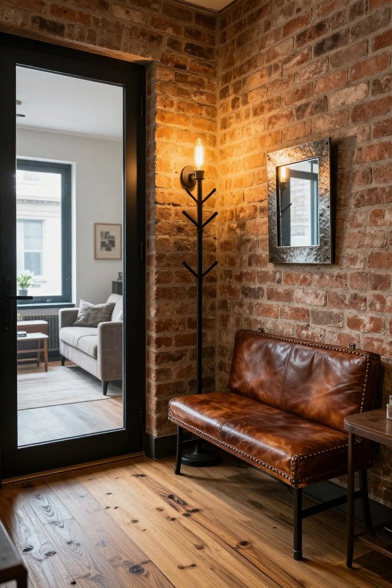 Brick-walled interior corner with a tufted brown leather bench, tall black coat rack lamp, hammered metal mirror on wall, small side table, and glass door to adjacent room with gray sofa.