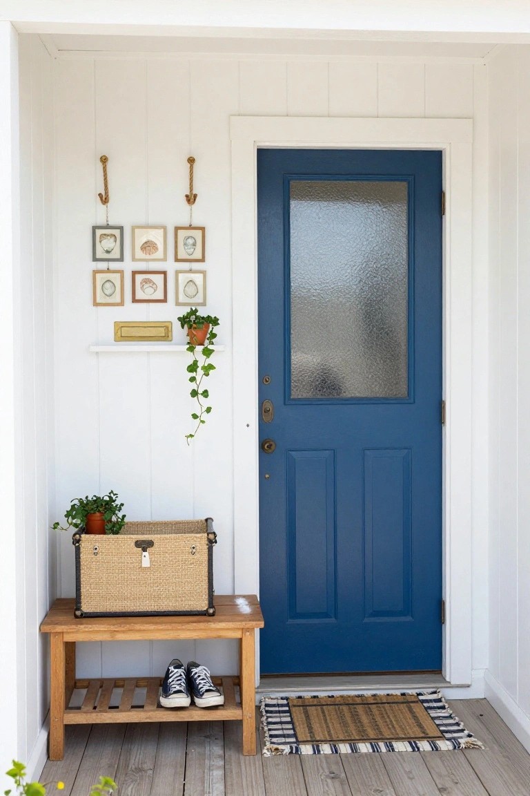 White clapboard porch exterior featuring a navy blue paneled door with glass upper panel, shell artwork on the wall, potted ivy plants, a wooden bench holding shoes and a rattan box, and a woven door mat on a wooden deck.