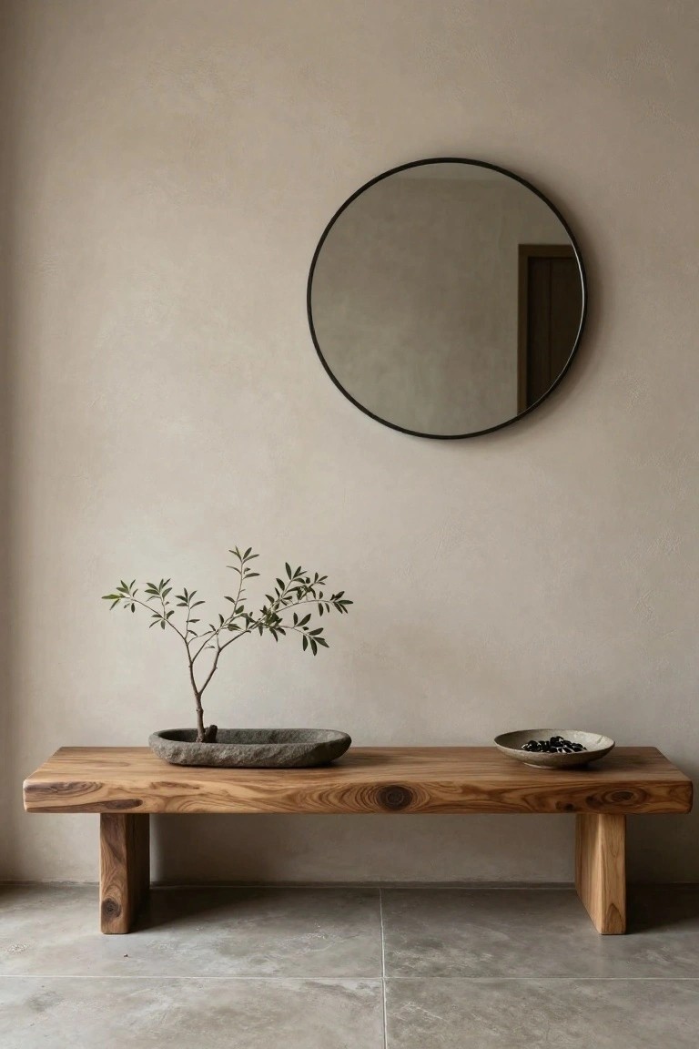 Minimalist entryway with low natural wood bench holding gray stone planter containing olive branch and white ceramic dish with pebbles, large round black-framed mirror on beige wall, light concrete floor.