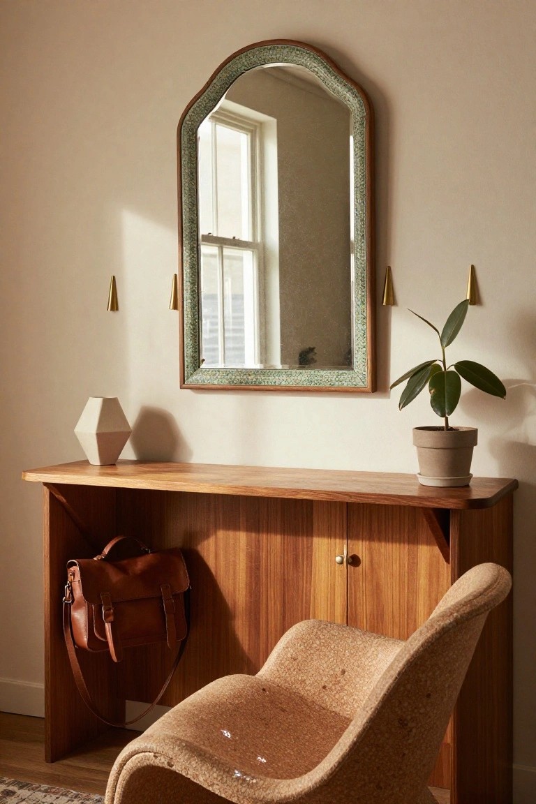 Arched mirror with green frame over a wooden console table holding a geometric vase and potted plant, with a leather bag hanging on the side and an orange molded chair nearby in a light beige room.