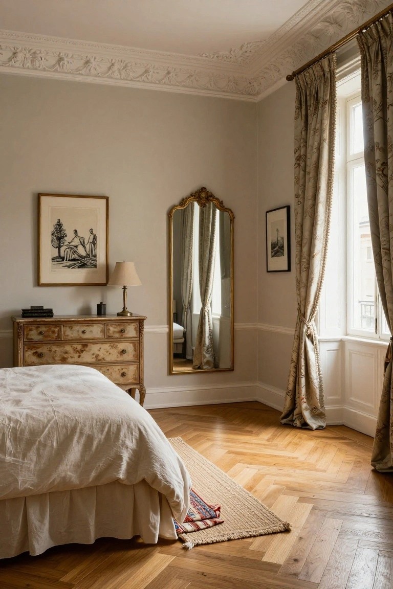Corner of a light beige bedroom with white bed on herringbone oak parquet floors, antique wood dresser, gilded mirror, lamp, artwork, and tall window draped in beige curtains.