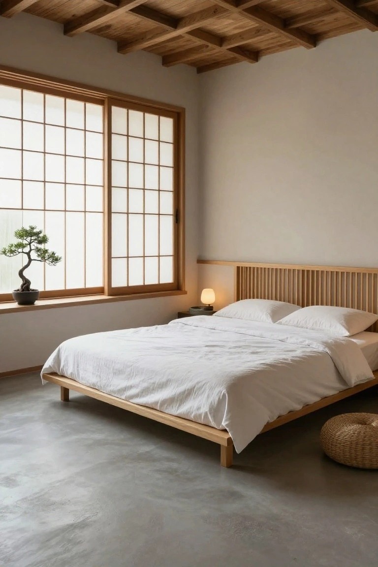 A minimalist bedroom featuring a smooth polished concrete floor, low wooden platform bed with white linens, shoji sliding window with bonsai tree, bedside lamp, and exposed wooden ceiling beams.