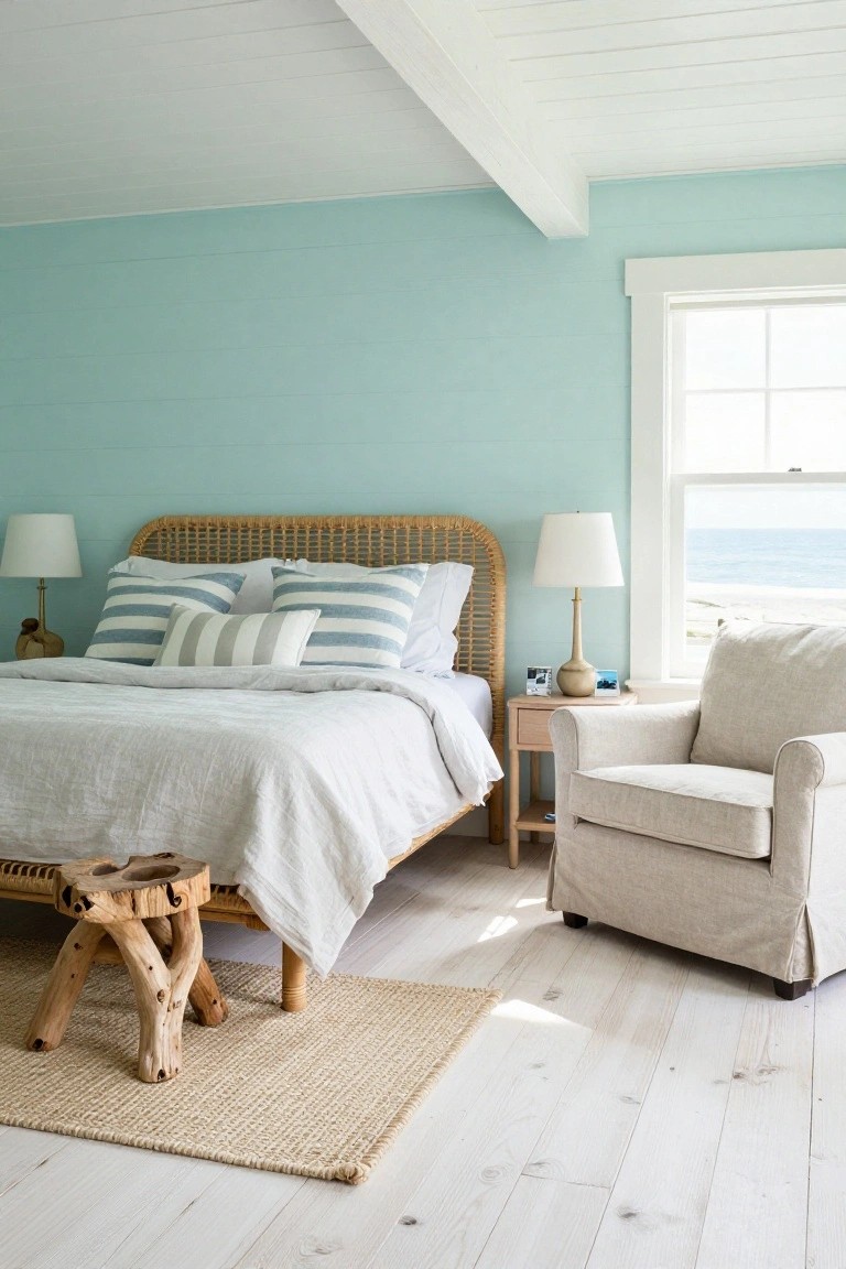 Bedroom interior with rattan headboard bed dressed in white linens and striped pillows, beige armchair and nightstand beside window with ocean view, wood stool on seagrass rug atop wide white oak plank floors, light blue shiplap walls and white ceiling.