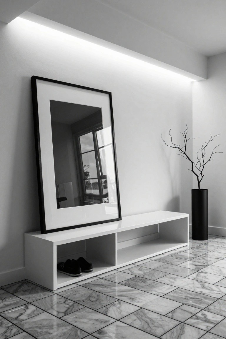 Black and white photo of a modern entryway with a tall black-framed mirror leaning on a white wall next to a white bench with open shelves holding black sneakers, a black vase holding bare branches, white walls, LED strip lighting above, and marble tile floor.
