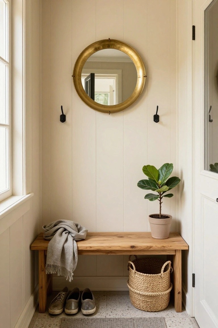 Narrow indoor entryway with beige board-and-batten walls, a wooden bench holding a gray blanket, two pairs of shoes on the floor below, a seagrass basket under the bench, black wall hooks, a large round brass mirror, and a potted fiddle leaf fig plant next to a white door.