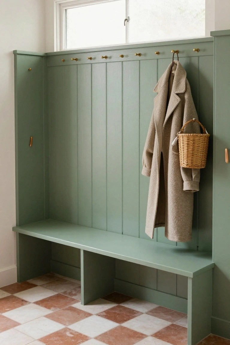 Sage green paneled wooden wall with multiple brass hooks holding a beige coat and wicker basket, next to a matching bench with open lower cubbies on a terracotta and white checkered tile floor.