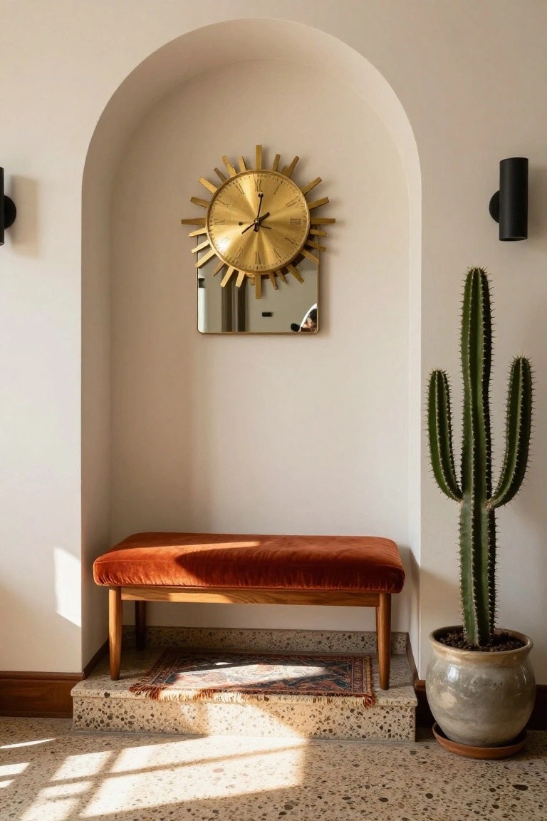 Arched white wall niche holding a gold sunburst clock with mirror center, orange velvet bench on wood legs below it, small patterned rug underneath, and tall potted cactus to the right on terrazzo flooring.