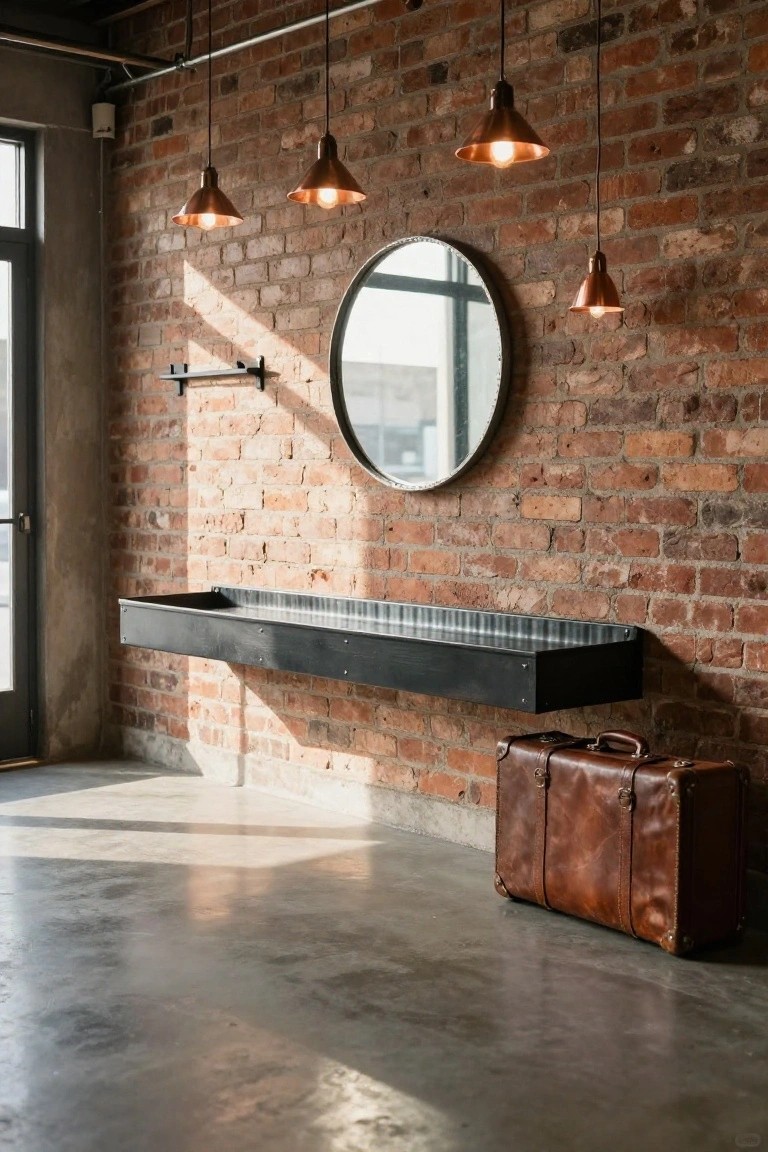 Entryway with exposed red brick walls, four copper cone pendant lights, a large round mirror, black metal floating trough sink or shelf, and brown leather suitcase on polished concrete floor next to a metal door.