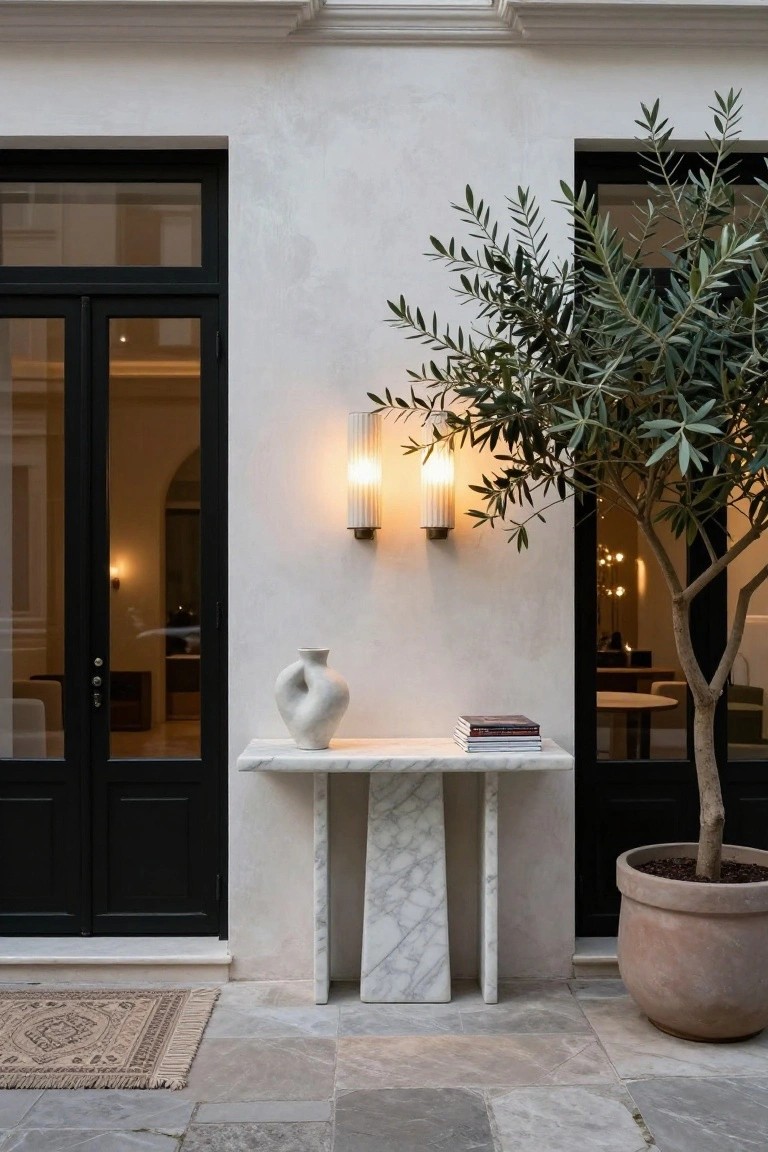 White marble console table with a white vase and stacked books against a light stucco wall next to black framed glass entry doors, lit by two fluted wall sconces, with a potted olive tree beside it on a stone terrace floor with a patterned rug.