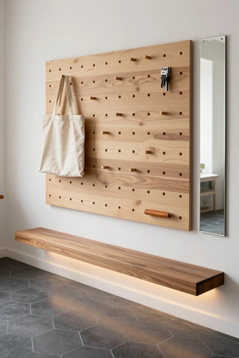 Light oak pegboard wall with wooden pegs holding a white canvas tote bag and metal key holder, slim vertical mirror attached to the side, and floating wooden bench with LED strip lighting below on hexagonal gray tile floor in an entryway.