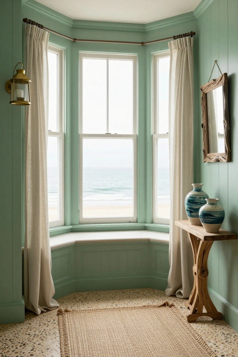 Sage green wood-paneled bay window nook with white linen curtains framing ocean views, wooden console table holding two blue and white vases, driftwood mirror, brass lantern light, and seagrass rug on terrazzo floor.
