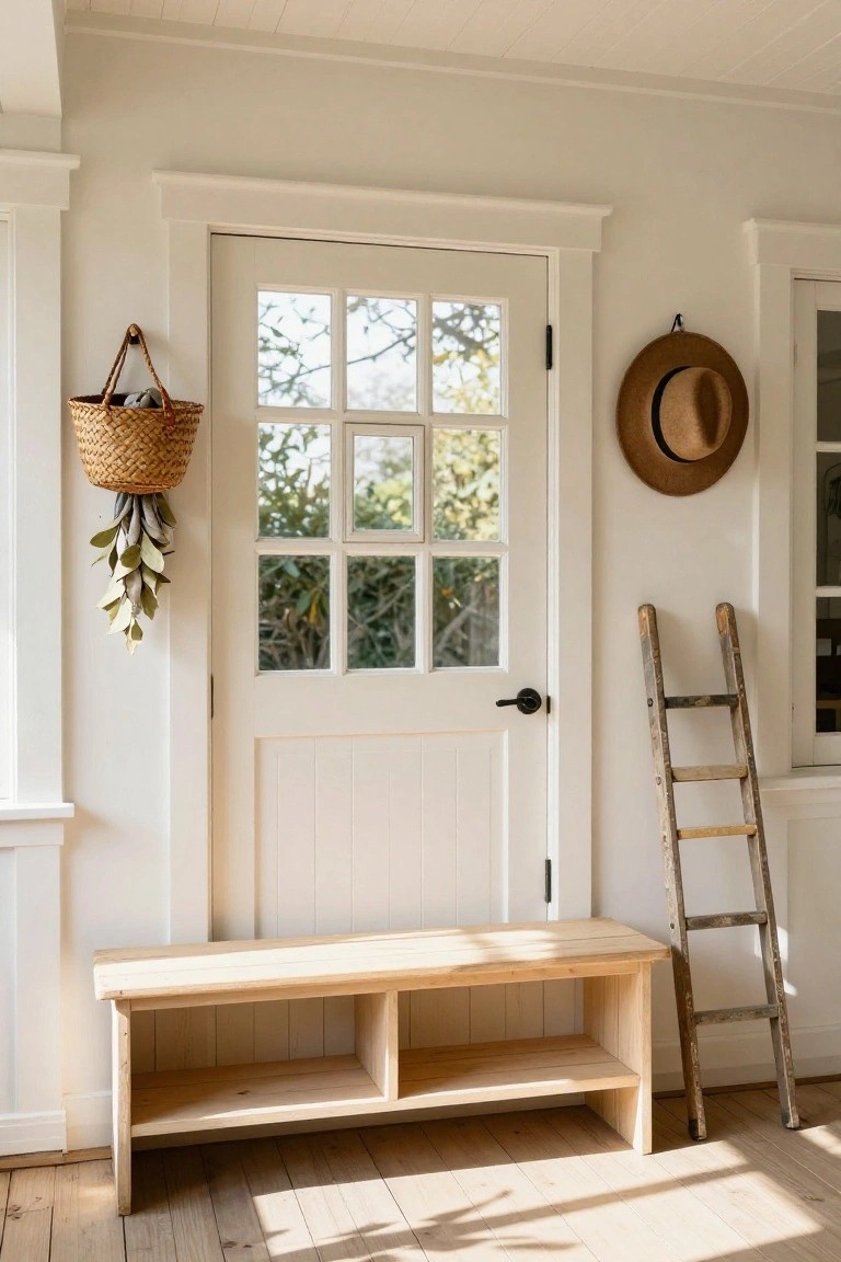 White paneled indoor entryway featuring a raw wood bench with open storage cubbies, a leaning wooden ladder, a hanging wicker basket with shoes, a wall-mounted hat, potted greenery, and a glass-paneled white door.