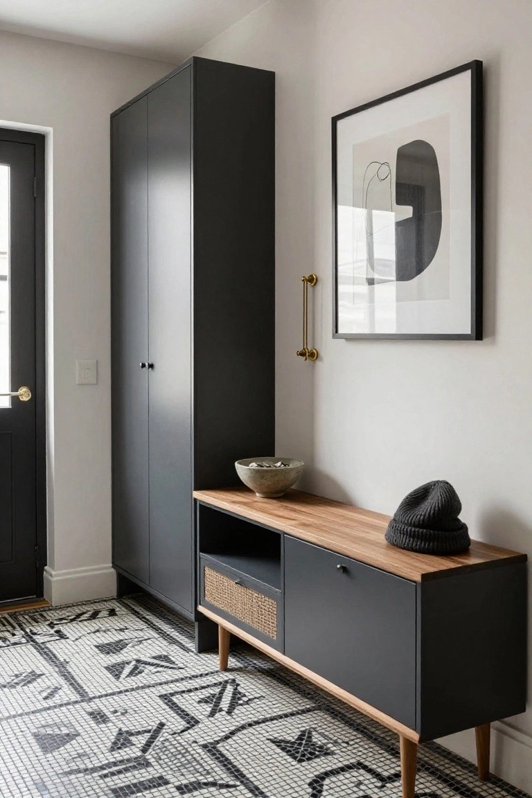 Narrow indoor entryway with tall matte black double-door wardrobe, wooden-topped black bench featuring rattan drawer and shelf, ceramic bowl and knit hat on bench top, abstract black-and-white wall art, brass wall sconce, light switch, front door, and black-and-white geometric tile floor.