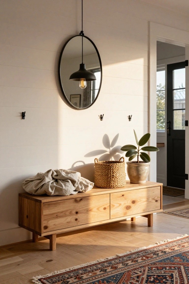 A light wooden low bench with drawers sits in a white shiplap-walled entryway next to a black door, with a round black-framed mirror and pendant light above, wall hooks, a potted plant, woven basket, and folded linen bag on the bench.