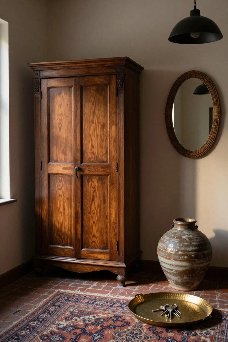 Tall wooden armoire with carved details in a corner room with brick floor, Persian rug, brass tray holding keys, large terracotta vase, oval rattan mirror on wall, and black pendant light overhead.