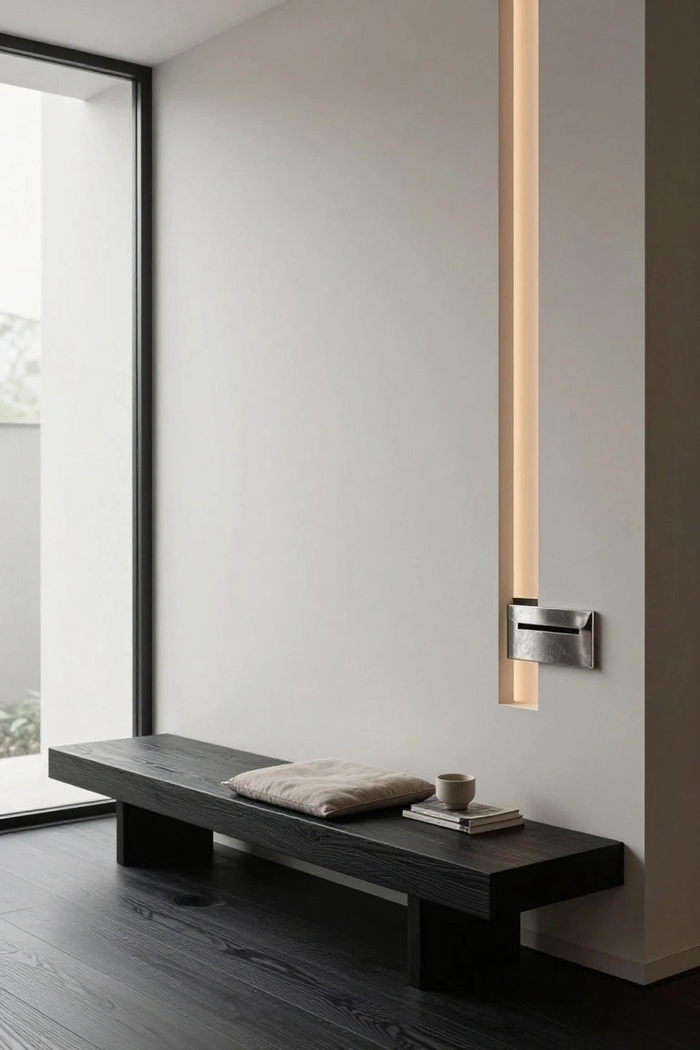 Modern minimalist entryway featuring a black wooden bench with beige cushion, books, and teacup, beside a tall vertical recessed light strip in white wall, large window, and dark wood floor.