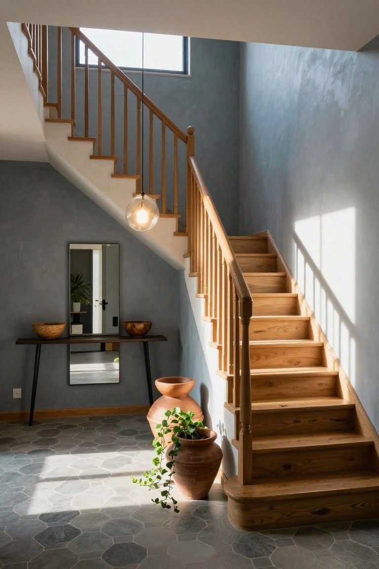 Modern entryway interior with curved wooden staircase, light blue textured walls, gray hexagonal tile floor, black metal console table with wooden bowls and large terracotta pots holding trailing plants, slim mirror, and globe pendant light.