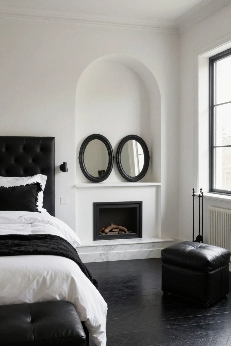 White bedroom corner with black leather tufted headboard and bed dressed in white sheets and black throw, arched white alcove containing black fireplace with wood logs, two black oval mirrors on white mantel shelf above fireplace, black leather ottoman, black hardwood floors, and black-framed window.
