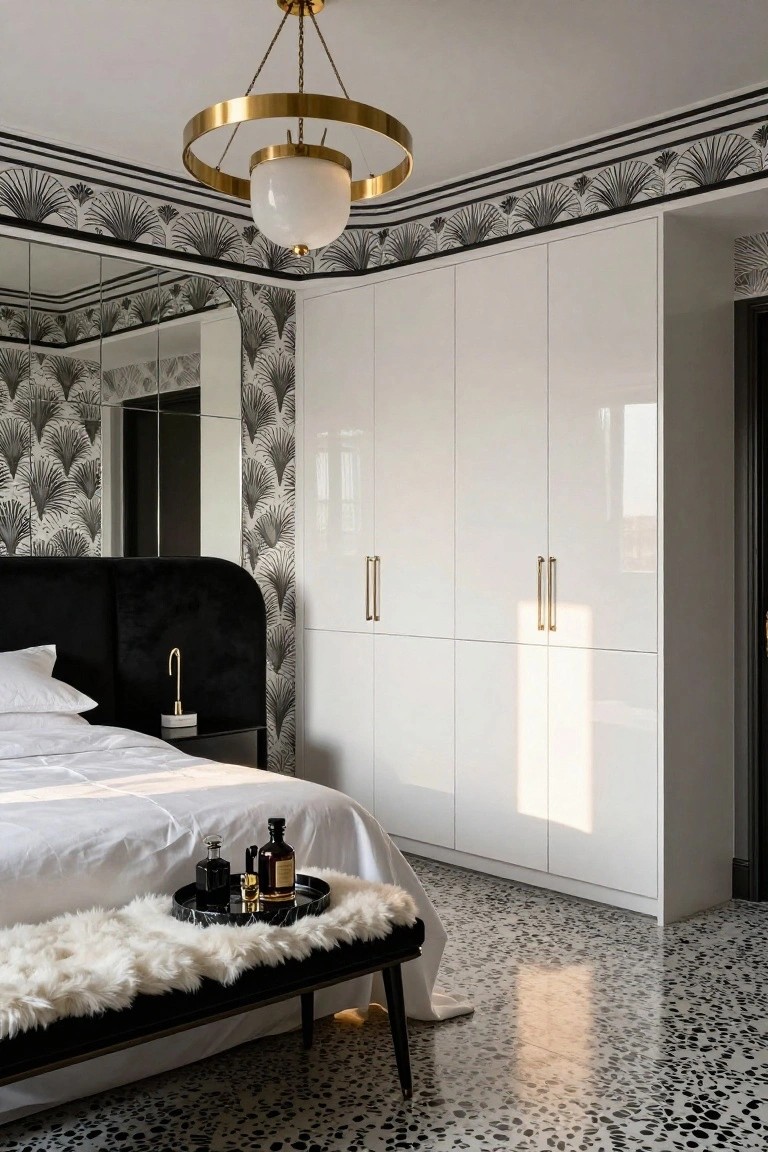 Bedroom with black palm frond Art Deco wallpaper on walls and ceiling border, white glossy wardrobes with gold handles, black velvet curved headboard bed with white linens, gold pendant light, fur bench, and terrazzo tile floor.