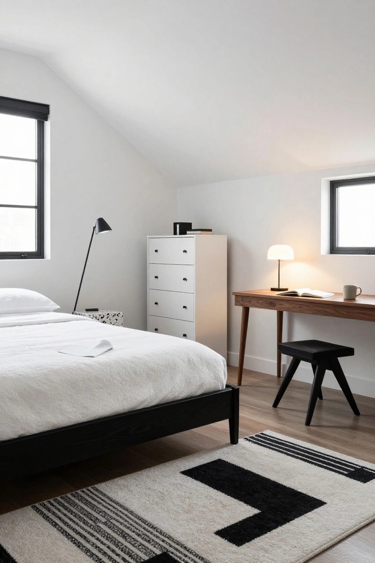 Modern attic bedroom with sloped white ceiling, black wooden platform bed with white linens, white dresser, wooden desk with black stool and lamp, black floor lamp, and black-and-white geometric rug on light wood floor.
