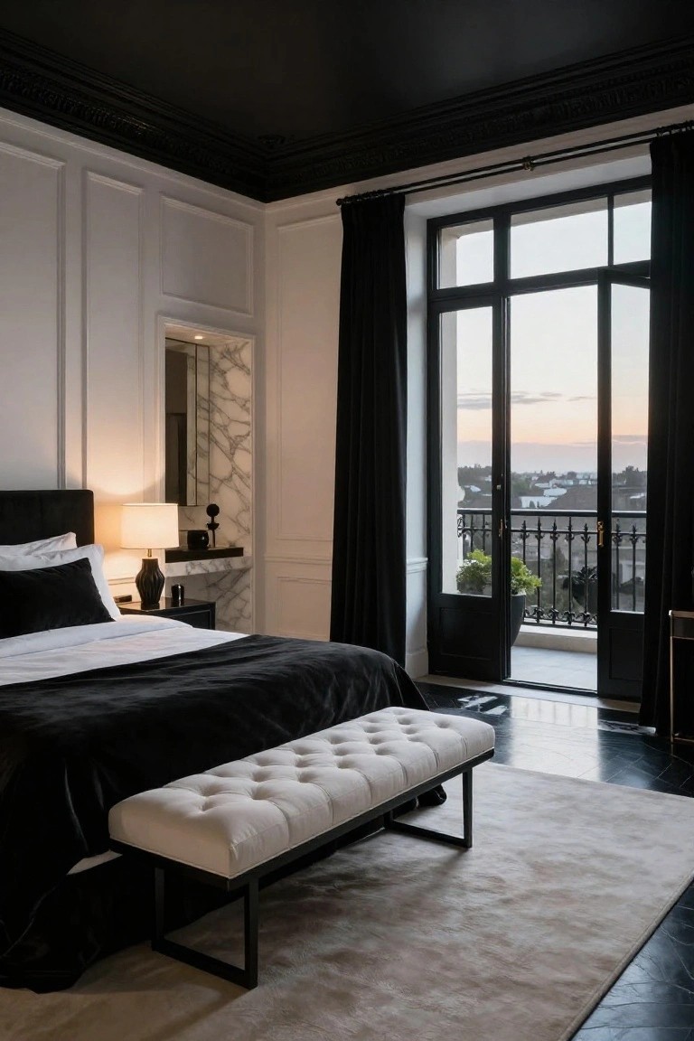 Bedroom with black ceiling, white paneled walls, black upholstered headboard and bed, bedside table with lamp, marble accents, tufted bench, and black French doors open to a balcony with rooftop view at sunset.