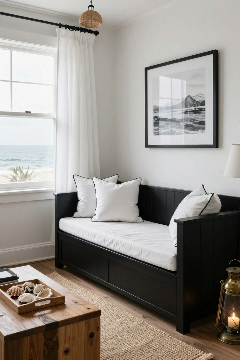 Coastal room with black daybed, white pillows, ocean-view window, and wooden accents.