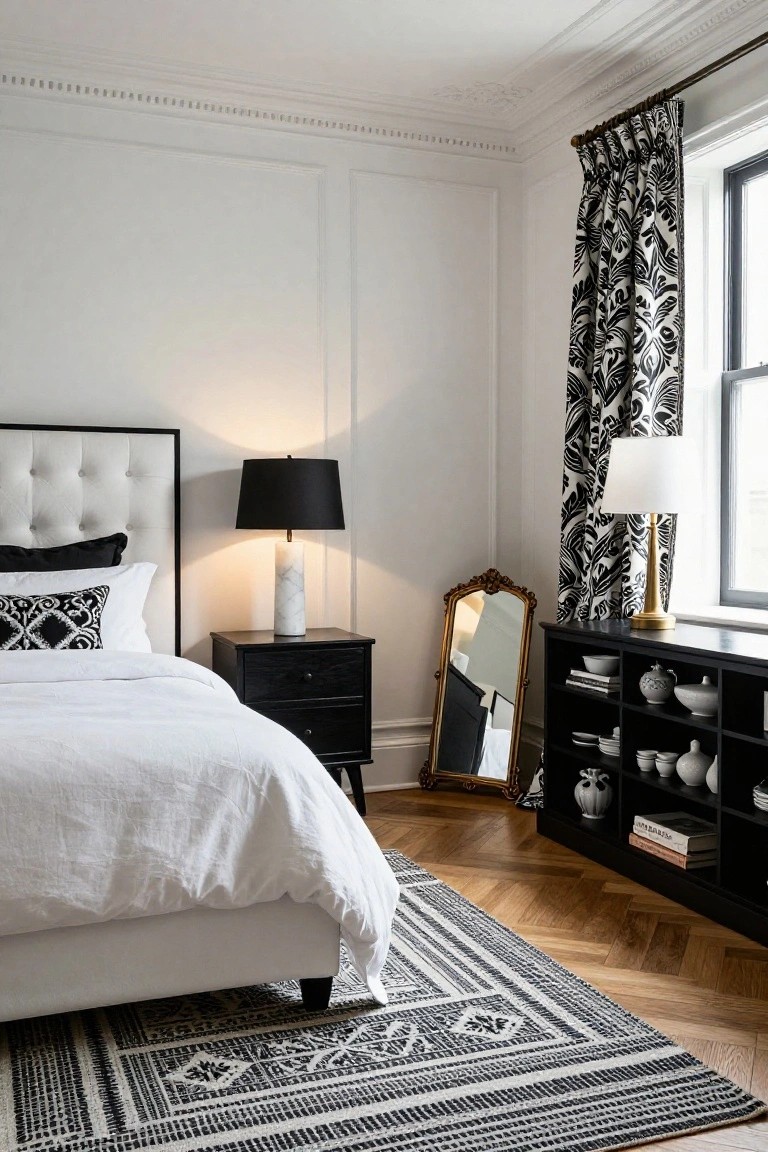 A bedroom interior with white walls, a white tufted bed with black frame, black nightstand holding a marble-based black lamp, ornate gold mirror, black shelving unit with ceramics, black and white patterned curtains and rug on herringbone wood floors.