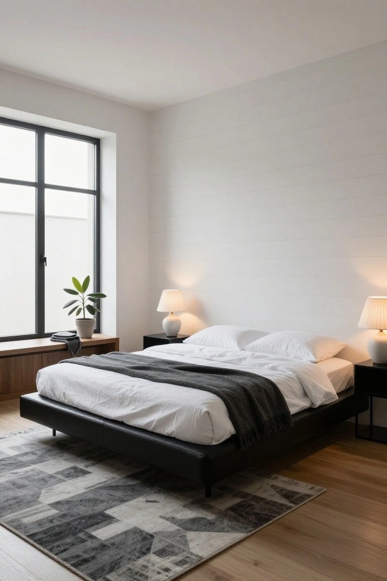 Modern bedroom with low black leather platform bed draped in white sheets and gray throw, white lamps on black nightstands, potted plant by large window, and geometric gray rug on light wood floor.
