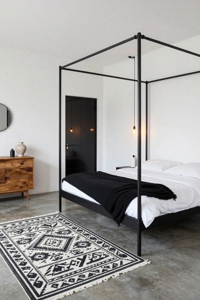 Modern bedroom with black canopy bed, white bedding, and patterned rug.