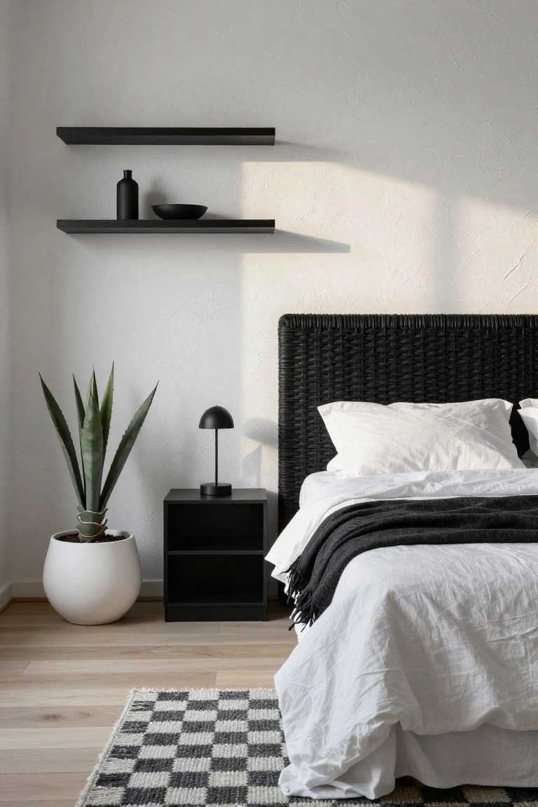 Minimalist bedroom with white textured walls, two black floating shelves holding a black vase and bowl, tall potted snake plant in white pot, black cube nightstand with black dome lamp, black rattan headboard behind white bed with pillows and black throw blanket, black-and-white checkered rug, and light wood floor.