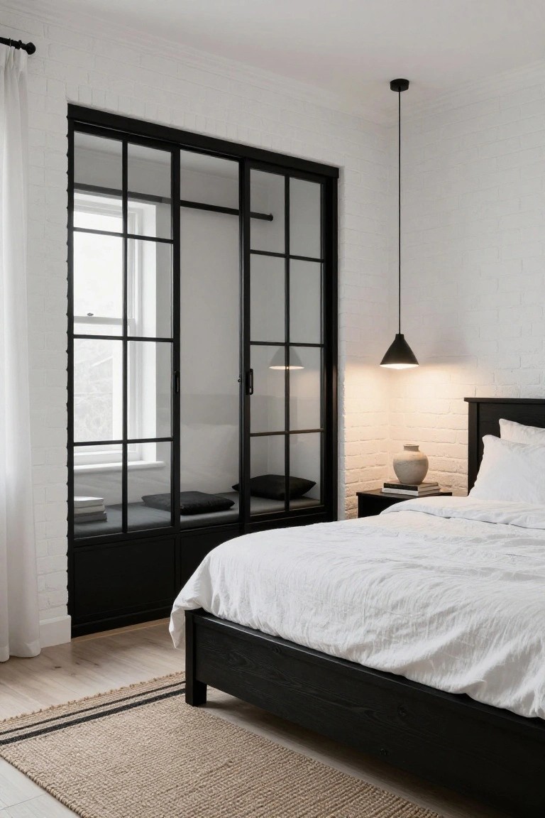 Bedroom featuring black metal-framed glass sliding doors with built-in bench, black wood bed frame with white linens, exposed white brick walls, pendant light, and seagrass rug on wood floor.