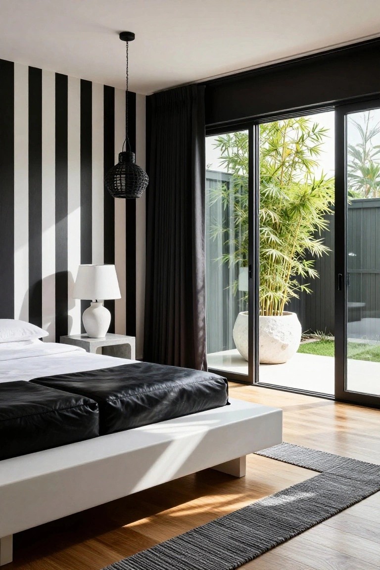 Bedroom with black and white vertical striped wallpaper on one wall, low white platform bed topped with black leather cushions and white sheets, concrete bedside table holding white ceramic lamp, black pendant light, and sliding glass doors to garden with large potted bamboo plant.