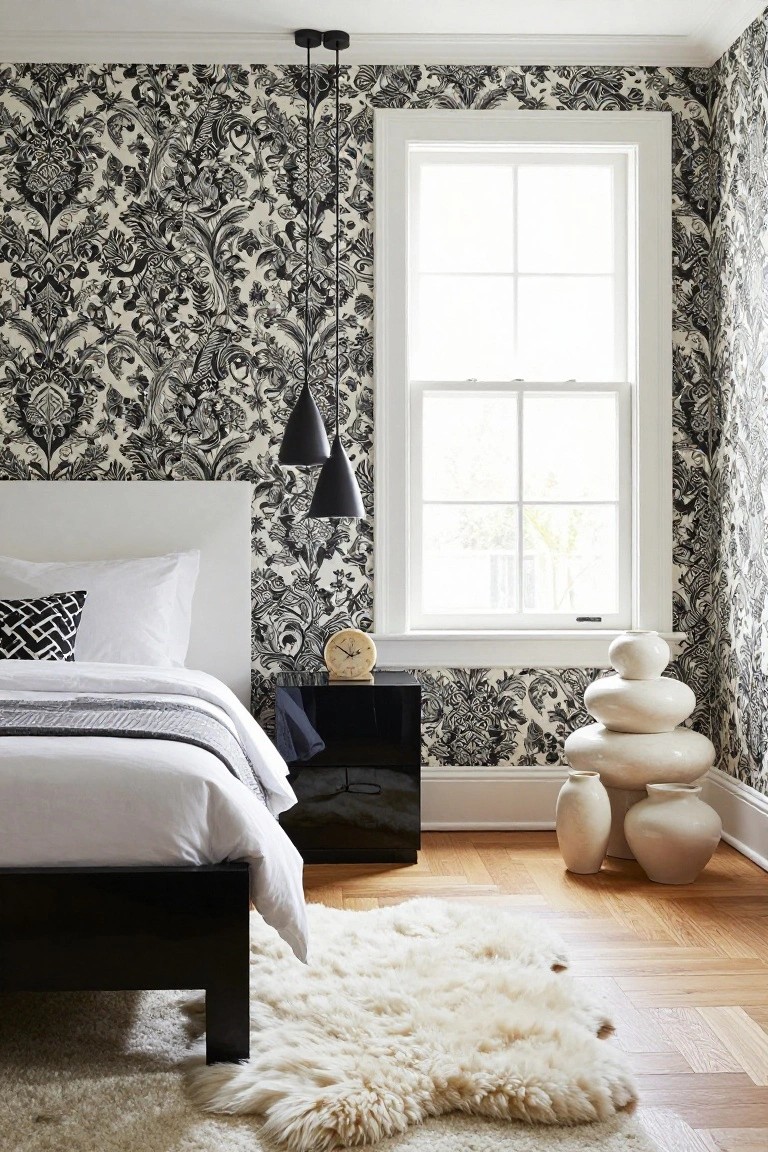 Bedroom with ornate black and white damask wallpaper on walls, white bed on black frame, two black cone pendant lights over bedside table, stacked white ceramic vases on floor, white sheepskin rug, hardwood floors, and white-framed window.